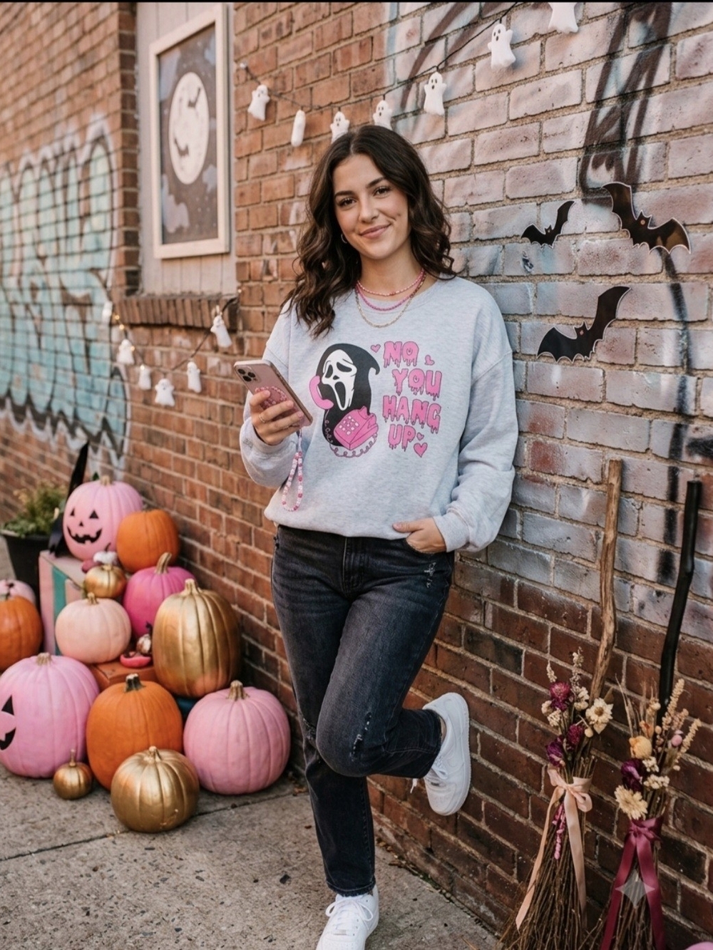No You Hang Up Gray Graphic Sweatshirt - Ghostface